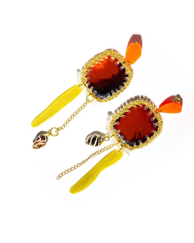 La Ley del deseo - Boucles d'oreilles en résine, crochet, quartz et coquillages 